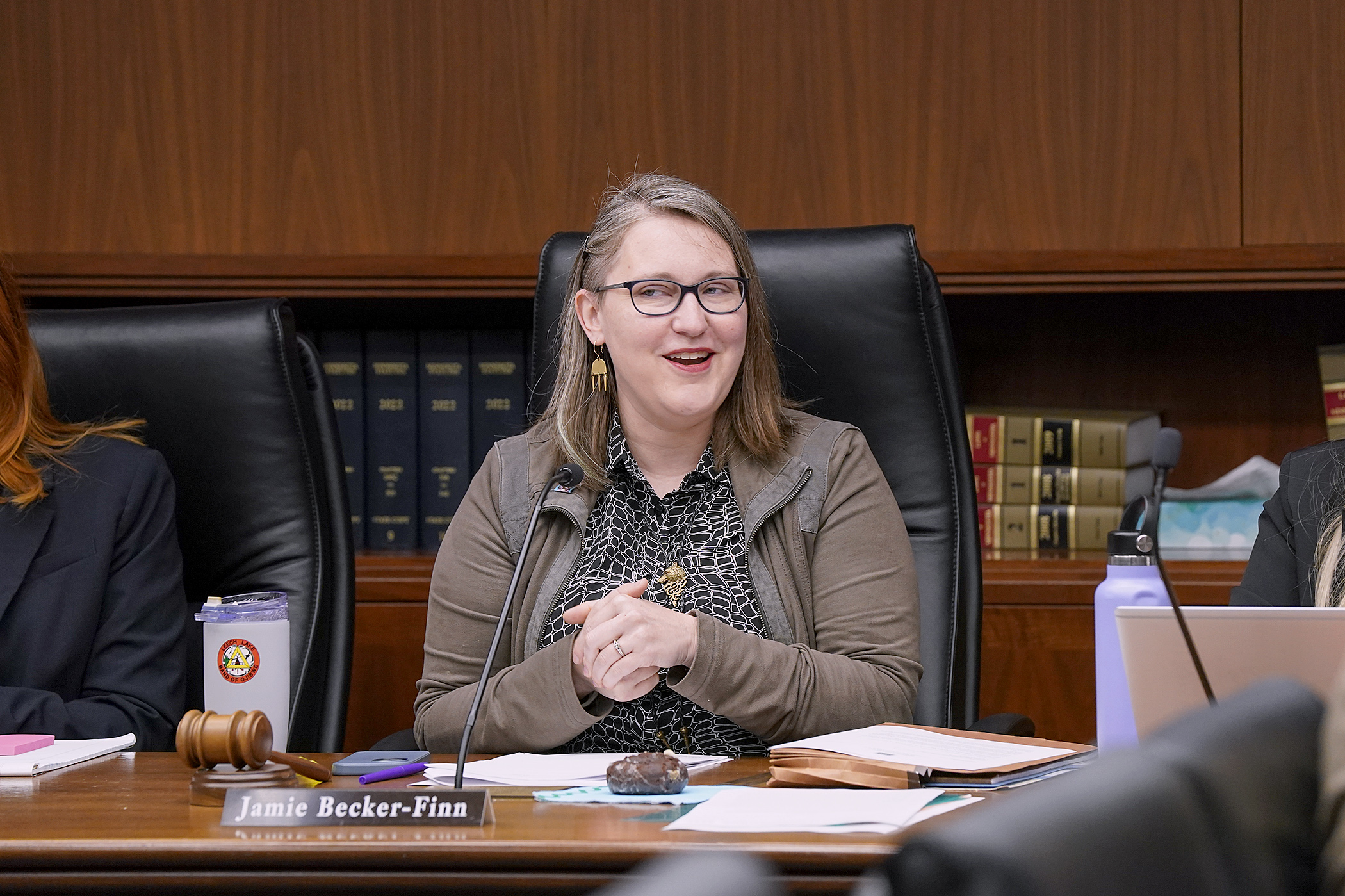 Rep. Jamie Becker-Finn, chair of the House Judiciary Finance and Civil Law Committee, thanks members and staff April 18 after wrapping up work on the judiciary supplemental budget bill and concluding committee business for the 2024 session. (Photo by Michele Jokinen) 